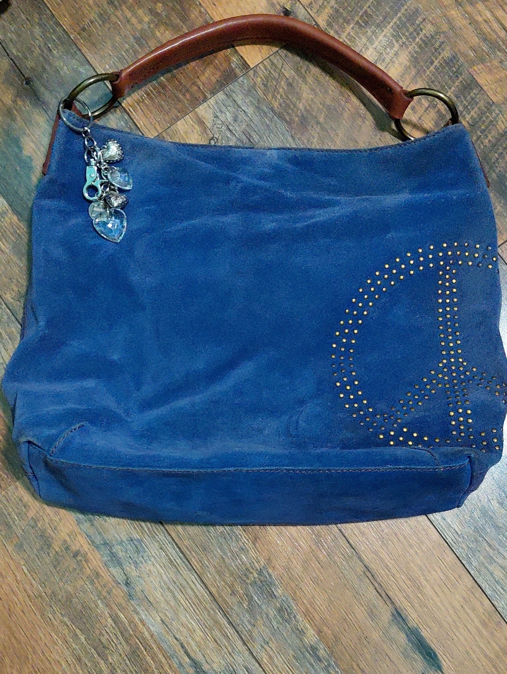 Vintage Lucky Brand Blue Suede/Leather Hobo Bag with Studded Peace Design